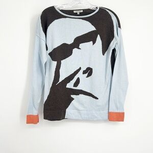 Lisa Todd Woman’s Portrait Face Sweater Blue Brown size Small
